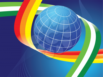 earth globe and rainbow color curves on dark blue background