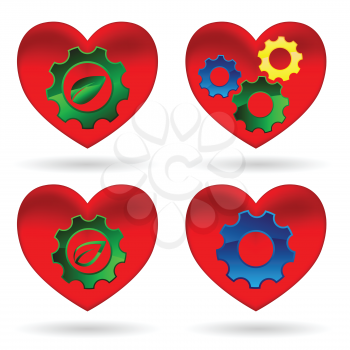 Set of hearts with gears, green leaves. Vector illustration.