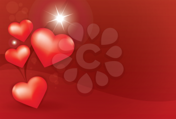 Flying Hearts, shiny Star on red background Valentine's day illustration.