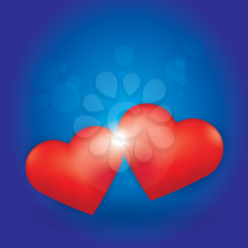 Sparkling Burst between two Hearts on blue background love concept vector illustration.