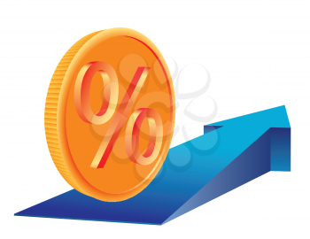 Money Coin with percent sign on growing trend arrow. Abstract business concept illustration. 