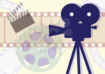 Movie Camera, clapboard and films collage. Vector EPS illustration.