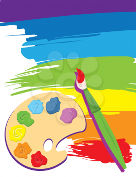 Paintbrush, palette on rainbow color painted canvas.
Vector illustration. Brush, palette and painted canvas are layered. 