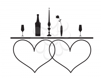 Romantic evening with a glass of wine, candle and flower in vase - silhouette vector illustration