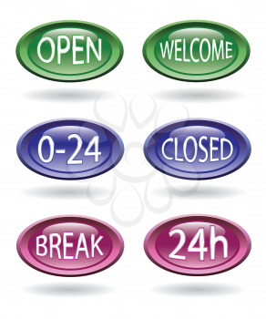 Set of shop or store signs - open, close, welcome, 24hours.