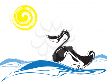 Fantasy duck swimming on water. Sketch illustration.