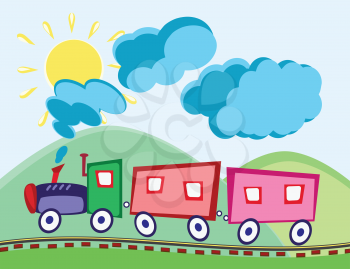 Steam locomotive and wagons in animated cartoon childish style