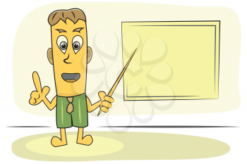 Cartoon Character Teacher expain topic with pointer and schoolboard, vector image.