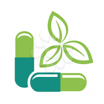 Herbal pills. Green leaves and medicine pills icon vector illustration.