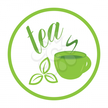 tea green leaf and tea cup label vector illustration