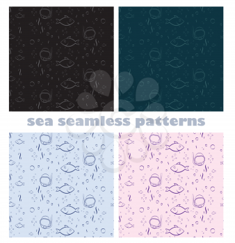 sea world with diver head fish and bubbles seamless pattern dark and light colored background vector design