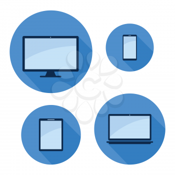 monitor phone tablet laptop blue color long shadow icon set modern vector illustration