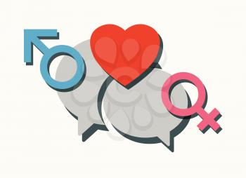male female and heart symbols with speech bubbles as love chatting concept abstract vector illustration