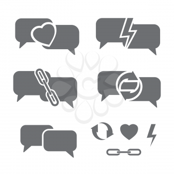 dark speech bubbles with heart, chains, lightning and circled arrows as communication abstract vector illustration set