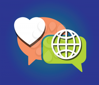heart, earth globe, symbol as and speech bubble as love peace communication concept vector illustration