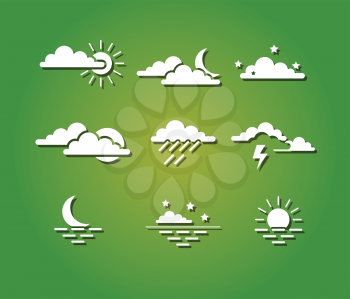 sun, clouds, lightning, moon, stars and sea sunset weather icon set isolated vector illustration