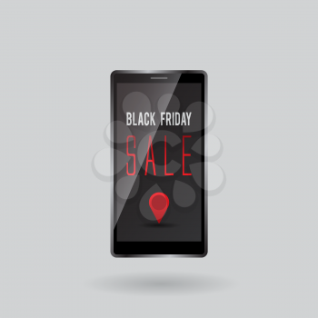 Black Friday sale text with geo tag symbol on mobile gadget screen vector illustration