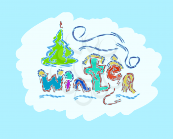 winter text hand drawn creative seasonal card retro style vector illustration