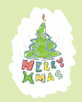 merry christmas text with christmas tree seasonal holiday vector card illustration