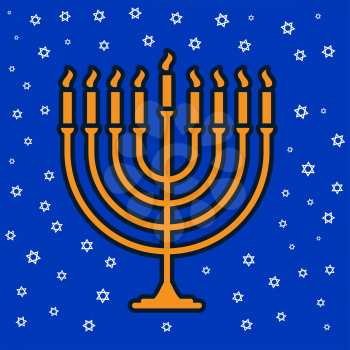 Happy hanukkah jewish traditional nine candle candelabrum holiday symbol on blue background with David star. Vector illustration.