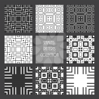 Geometric seamless patterns set. Monochrome repeated square collection. Abstract vector illustration.