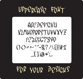 Uppercase font with letters, numbers and special glyphs english alphabet. Hand drawn lettering vector symbols.