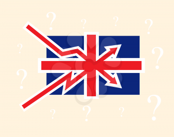 Breaking up and down trends as British flag Great Britain political economical crisis symbol with question mark on background. Vector concept illustration.