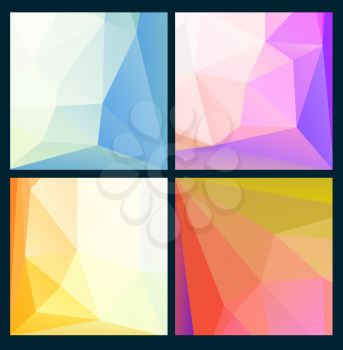 Set of low poly bright backgrounds. Vector illustration. Abstract colorful triangle light backdrop templates.