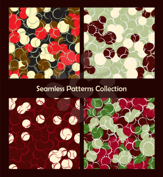 Seamless patterns collection. Red green colorful templates. Circles dots abstract backgrounds. Decorative scrapbook template. Dotted lines repeat simple decor. Vector illustration. 