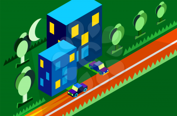 Isometric night city urban street view vector illustration. City landscape with moon light cars treets and buildings.