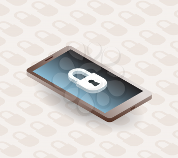 Isometric mobile modern gadget with padlock security concept vector illustration. Online protection symbol.