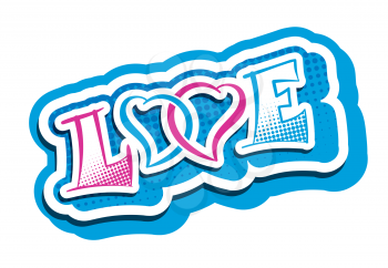 Love word with two hearts symbol. Romantic feelings blue pink vector illustration. Vallentines Day label template.