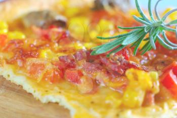 Traditional pizza with spice leaf vegetable food. Baked snack homemade eating. Green herb cooking closeup. Mushroom tomato corn ingredients.