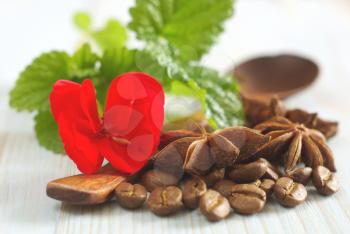 Fresh spearmint leaves red flower with coffee grains and anise spice star on retro wooden table food background. Selective focus.