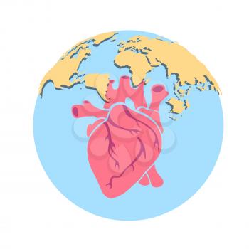 World map human heart vector illustration. Global human race health concept. One earth one heart.