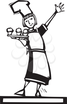 Royalty Free Clipart Image of a Female Baker Holding Cupcakes
