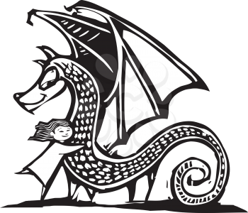 Royalty Free Clipart Image of a Girl Hugging a Dragon