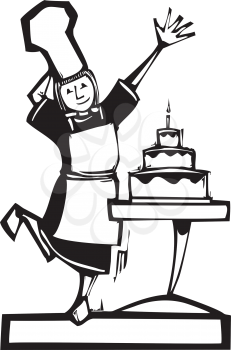 Royalty Free Clipart Image of a Female Baker By a Cake
