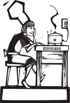 Royalty Free Clipart Image of a Woman Watching a Slow Cooker