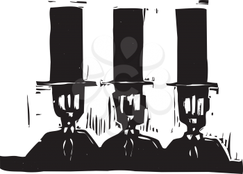Royalty Free Clipart Image of Three Men Wearing Top Hats