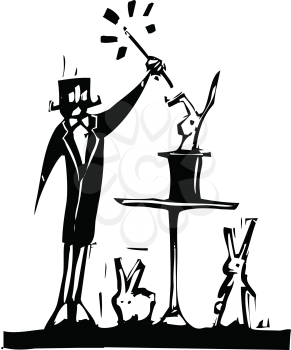 Royalty Free Clipart Image of a Magician Pulling Rabbits From a Hat
