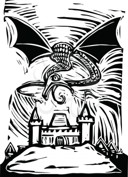 Royalty Free Clipart Image of a Dragon Above a Castle