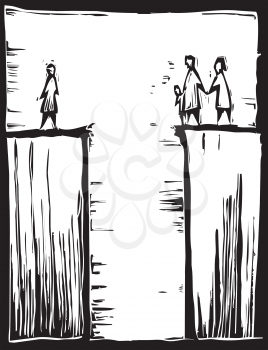 Royalty Free Clipart Image of People Standing On Two Separate Hills