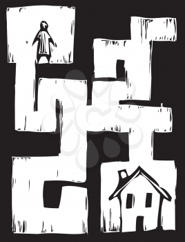 Royalty Free Clipart Image of a Man and a House in a Maze