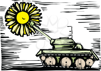 Royalty Free Clipart Image of a Tank Shooting a Flower