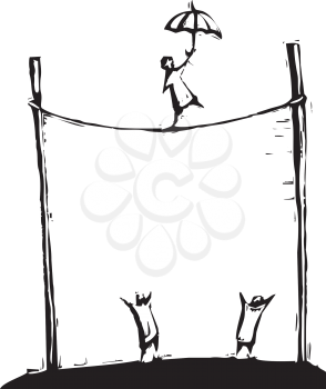 Royalty Free Clipart Image of a Person Walking on a Tightrope 