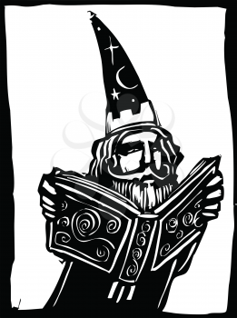 Royalty Free Clipart Image of a Wizard Reading a Book