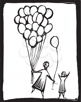 Royalty Free Clipart Image of a Man Giving a Child a Balloon