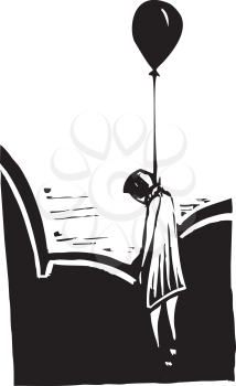 Royalty Free Clipart Image of a Body Hanging by a Balloon