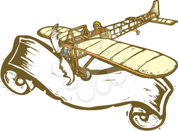 Royalty Free Clipart Image of a Bleriot Airplane in Flight With Banner